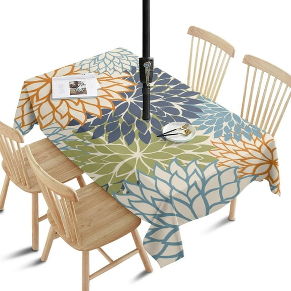 Outdoor Floral Art Modern Classic Tablecloth with Umbrella Hole and Zipper,Rectangle Waterproof Wrinkle Free Table Cloth Decorative Fabric Washable Table Cover for Patio, Party, Picnic 60 X 84 Inch