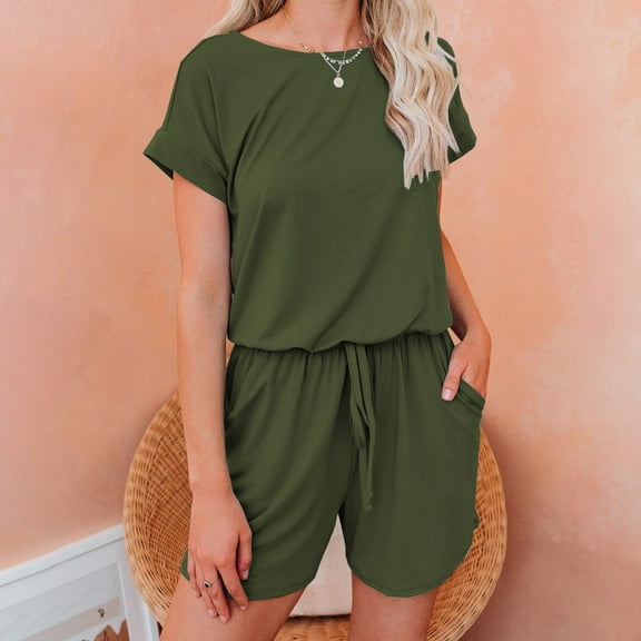 Baqcunre Jumpsuits for Women Short Sleeved Solid Color Lace Up Drawstring Casual Jumpsuit Shorts Pants for Women Shorts for Women One Piece Jumpsuit Womens Clothes Army Green L
