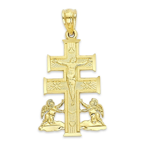 Golden Fire Solid 10k Gold Caravaca Crucifix Pendant - Protection Jewelry for Men and Women
