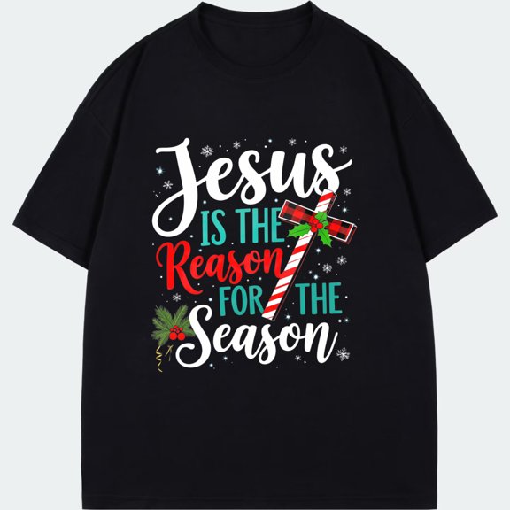 Christmas T Shirt Black Jesus Is The Reason For The Season With Candy Cane Cross And Holly Design For Holiday Celebration