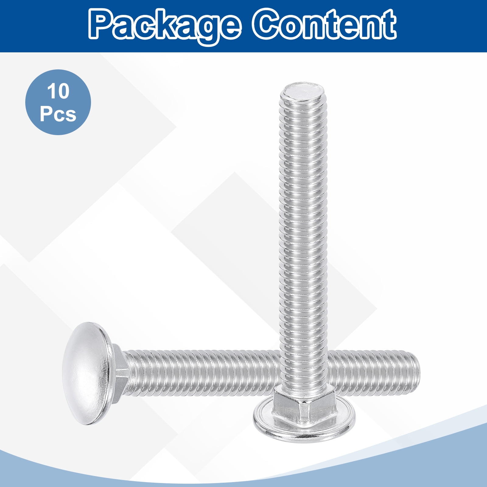 Uxcell 10Pack 3/8"-16x5" Stainless Steel Carriage Bolts Round Head Square Neck, Silver