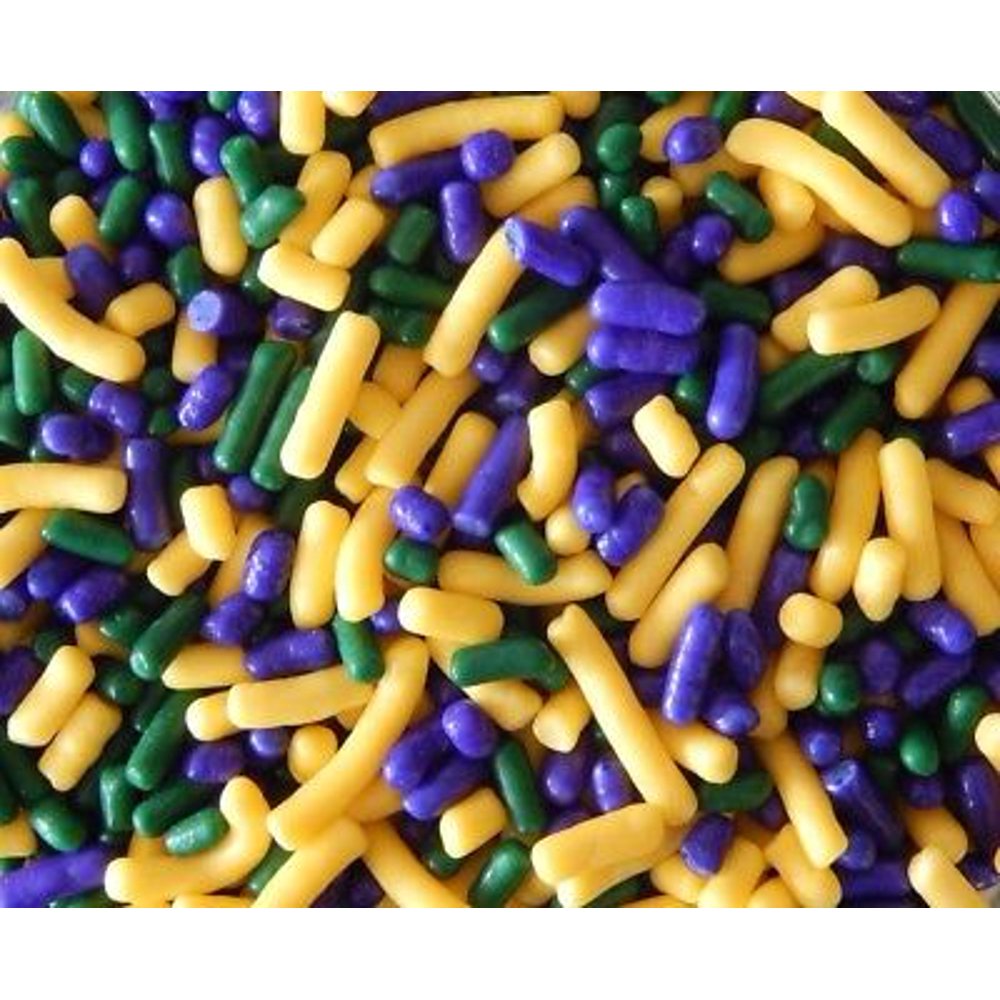 Mardi Gras Purple, Yellow, and Green Jimmies Edible Sprinkles 4 oz Packaged in a food