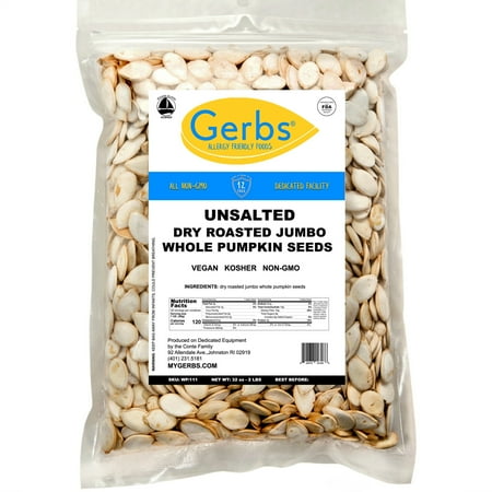 Jumbo Unsalted Pumpkin Seeds In Shell by Gerbs - 2 LBS. - Top 14 Food Allergen Free & Non GMO - Vegan & Kosher