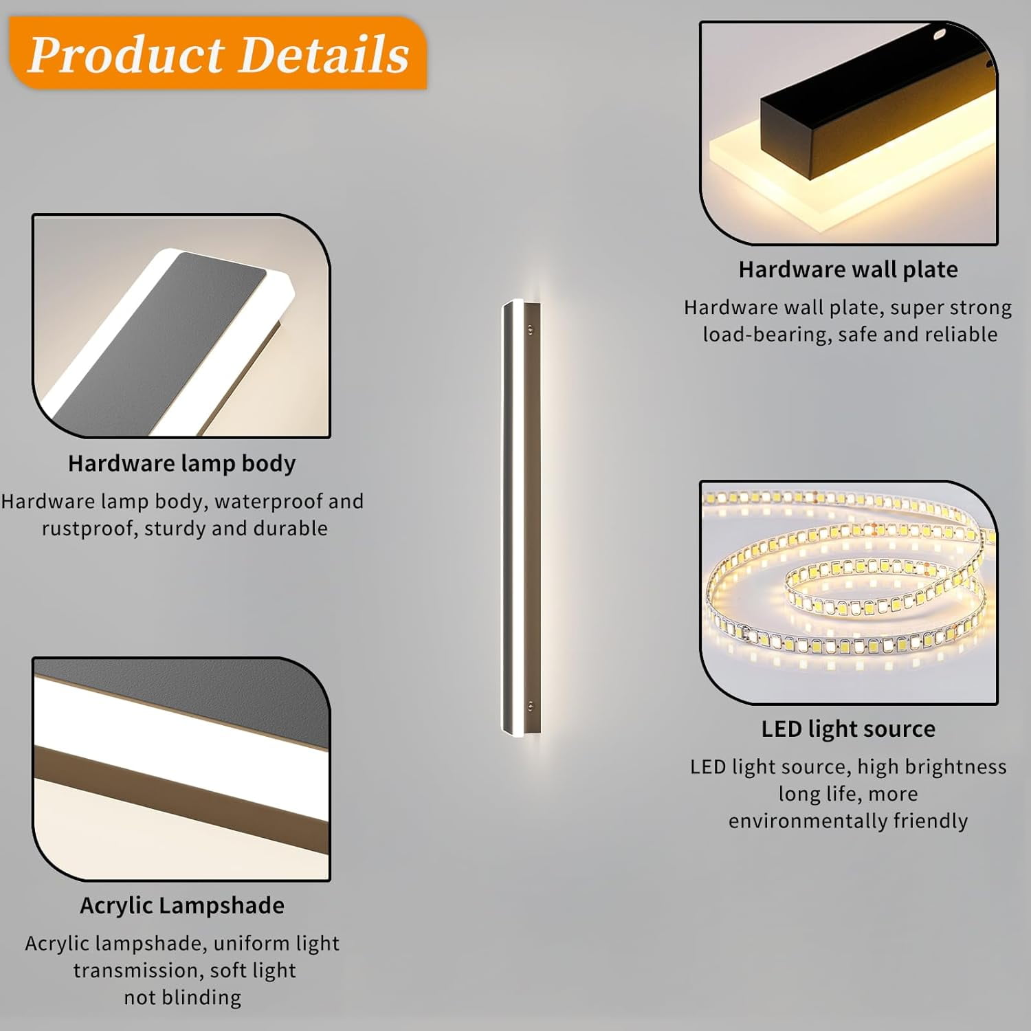 47inch Modern Wall Sconces Linear Outdoor Wall Lights 3 Color 3000K/4500K/6000K Waterproof Black Exterior Wall Light Fixture