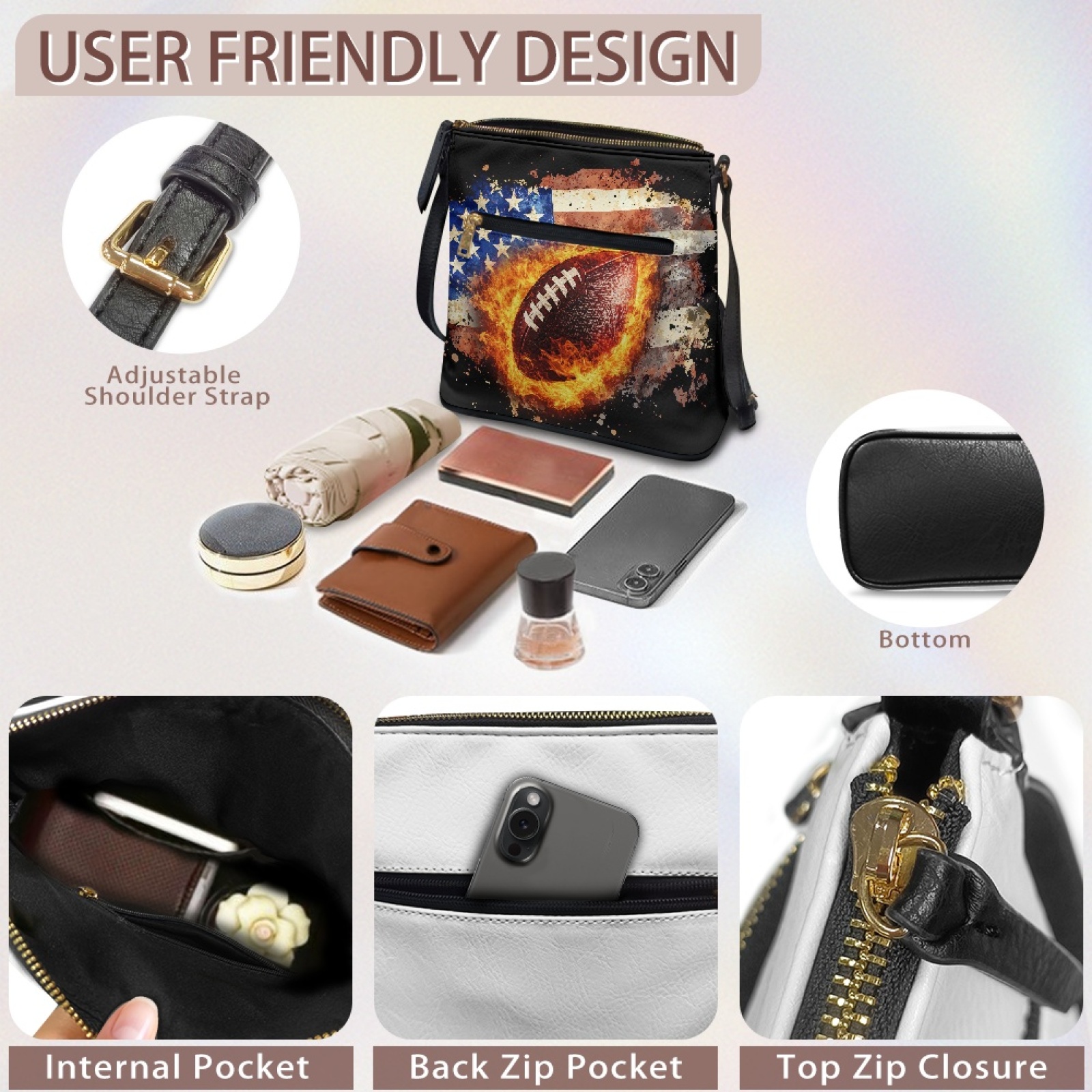 LedBack Football Print Leather Crossbody Purse for Women Ladies, Zipper American Flag Cross Body Bag Satchel Bag Messenger Purse Multi Pockets Satchel Purse with Adjustable Strap, Black
