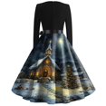 thumbnail image 4 of Christmas Dresses for Women Women's Christmas Printed Round Neck Big Hem Skirt Pleated Skirt Long Sleeved Dress with Christmas Tree and Snow House Print for Holiday Party,Dark Blue,S, 4 of 4
