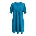 thumbnail image 5 of Tshirt Dress Women Cotton Linen Spring Summer Short Sleeve V Neck Smocked Loose Fit Flowy Midi Dress with Pockets, 5 of 5