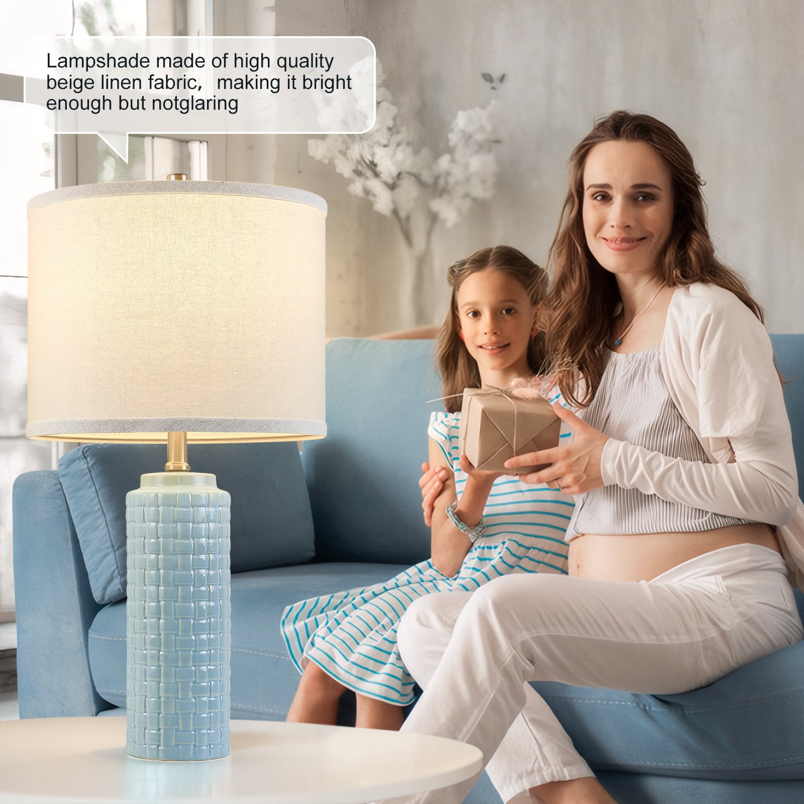 NATYSWAN 24.8" Modern Ceramic Bedside Lamp Set of 2, 3 Color Temperature Bulbs Included - Farmhouse Nightstand Lamps for Living Room Bedroom End Table Office Entryway, Cyan