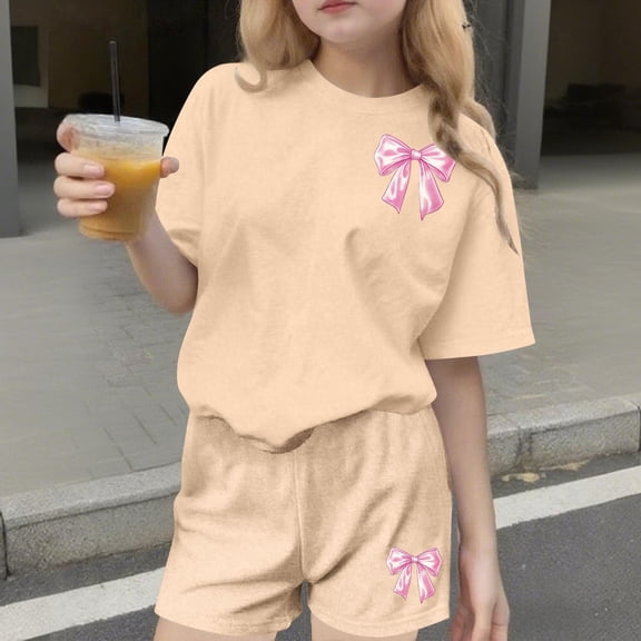 3-14Y Big Kids Girls Printed Crew Neck Short Sleeve T-Shirt & Shorts Set, Casual Sports 2 Piece Outfit Khaki 13-14 Years
