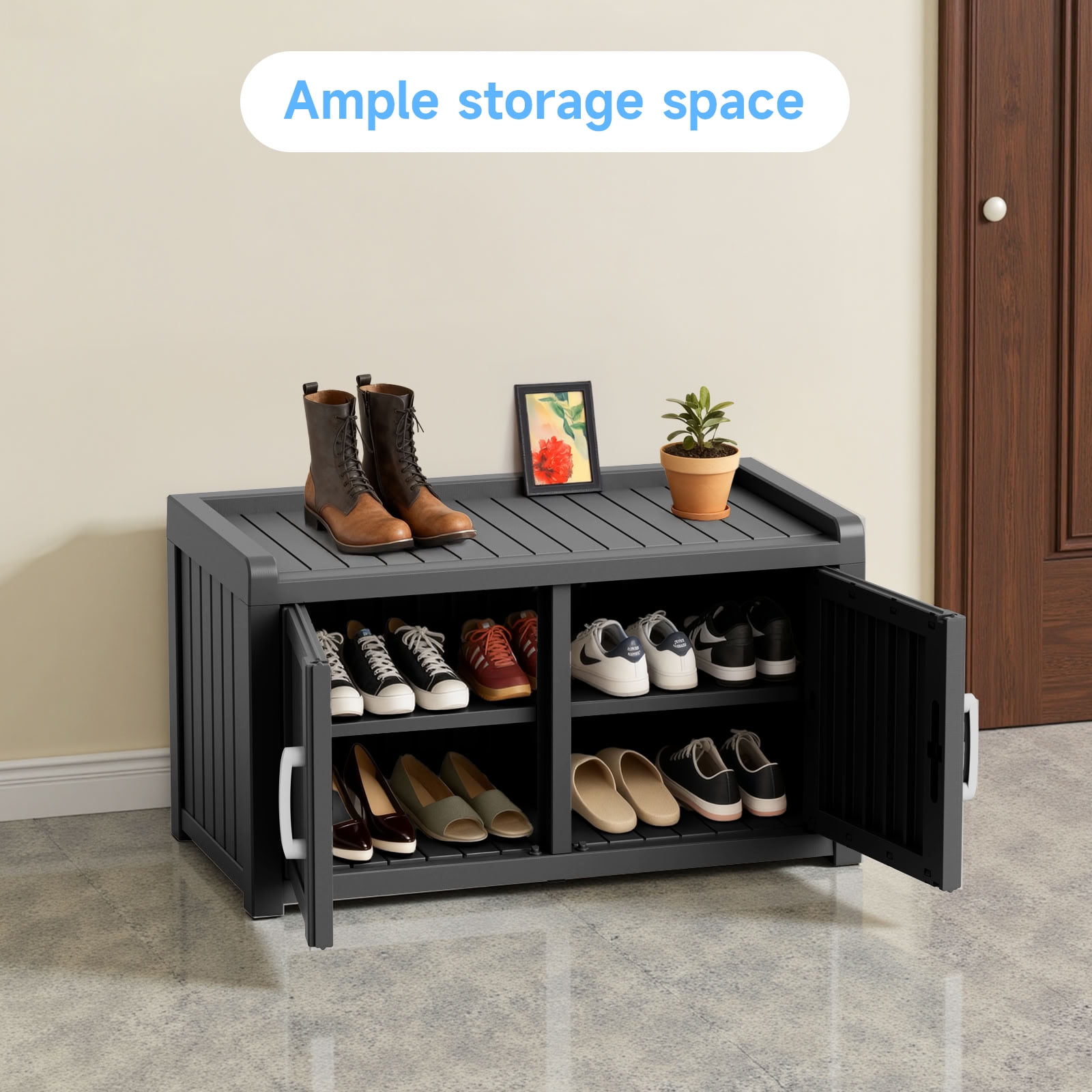 MAYEERTY Two-Door Mini Entry Shoe Storage Cabinet, Weatherproof Shoe Organizer with Removable Layers