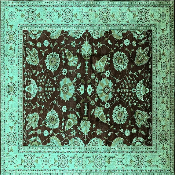 Ahgly Company Machine Washable Indoor Square Oriental Turquoise Blue Industrial Area Rugs, 3' Square