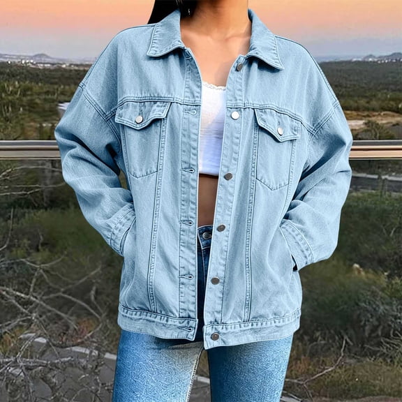 Zynoxe Women's Jean Jacket Wiht Pockets Classic Lapel Collar Button Down Denim Jacket Oversized Fit Long Sleeve Lightweight Jacket for Women Retro Stylish Solid Color Casual Coat S