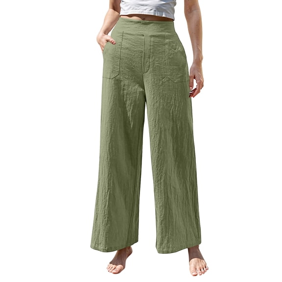 Fitness Clothing Women's Linen Blend Wide Leg Pants Elastic Drawstring Waist Casual Summer Beach Pants with Pocket Green XL