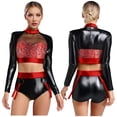 thumbnail image 5 of YiZYiF Womens 2 Piece Metallic Shiny Rave Outfits Long Sleeve Crop Top with Booty Shorts Clubwear Red XXL, 5 of 6