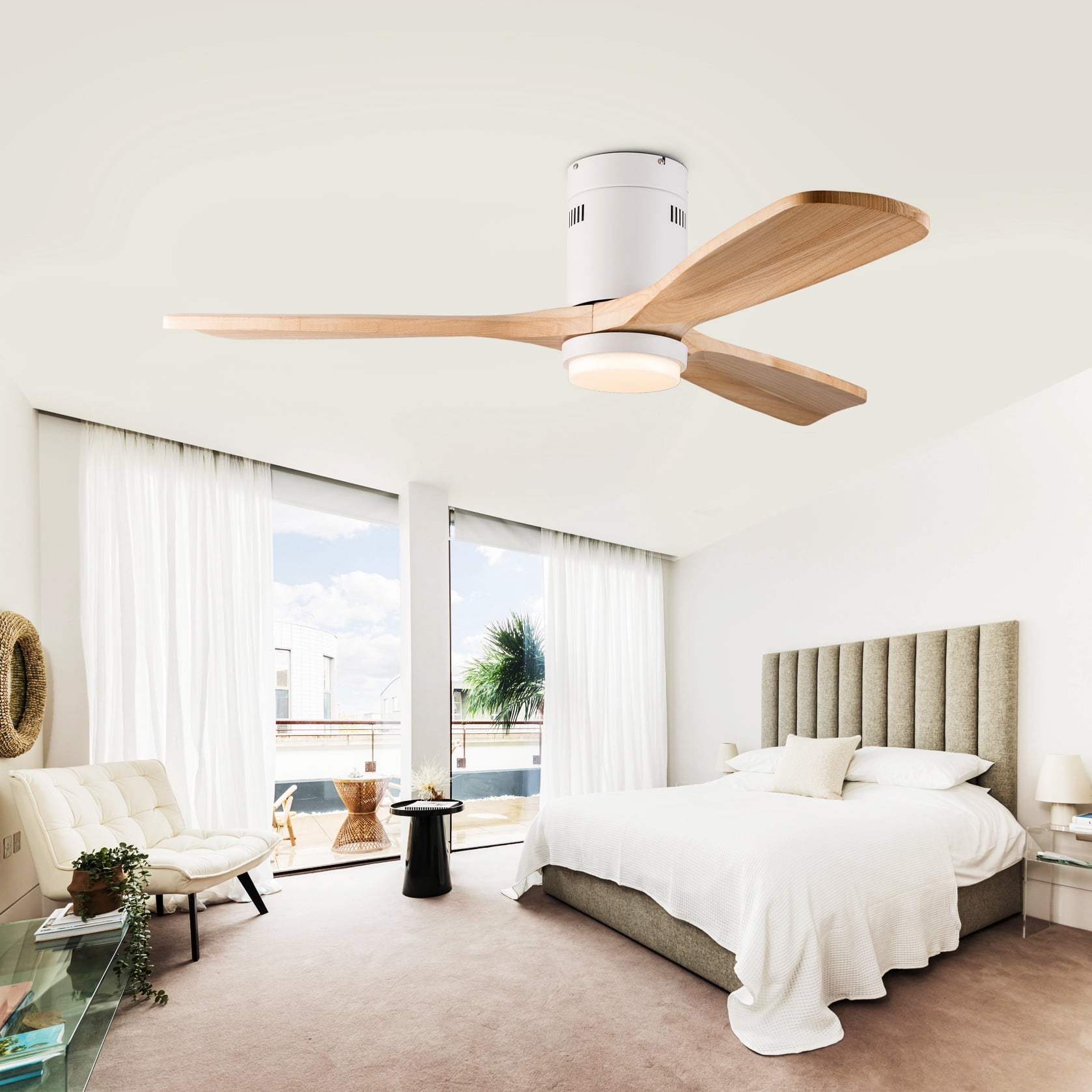Mintazer 52 in Low Profile Flush Mount Ceiling Fan with Dimmable LED Light & Remote Control, Modern Ceiling Fan with Noiseless for Bedroom Living Room, White