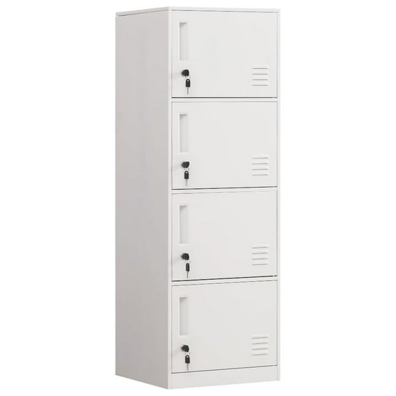 Metal Locker 4 Door, Steel Storage Cabinet - Bedroom, Office, School - Stackable Clothes Locker with Ventilation & Anti-Tip Kit (White)