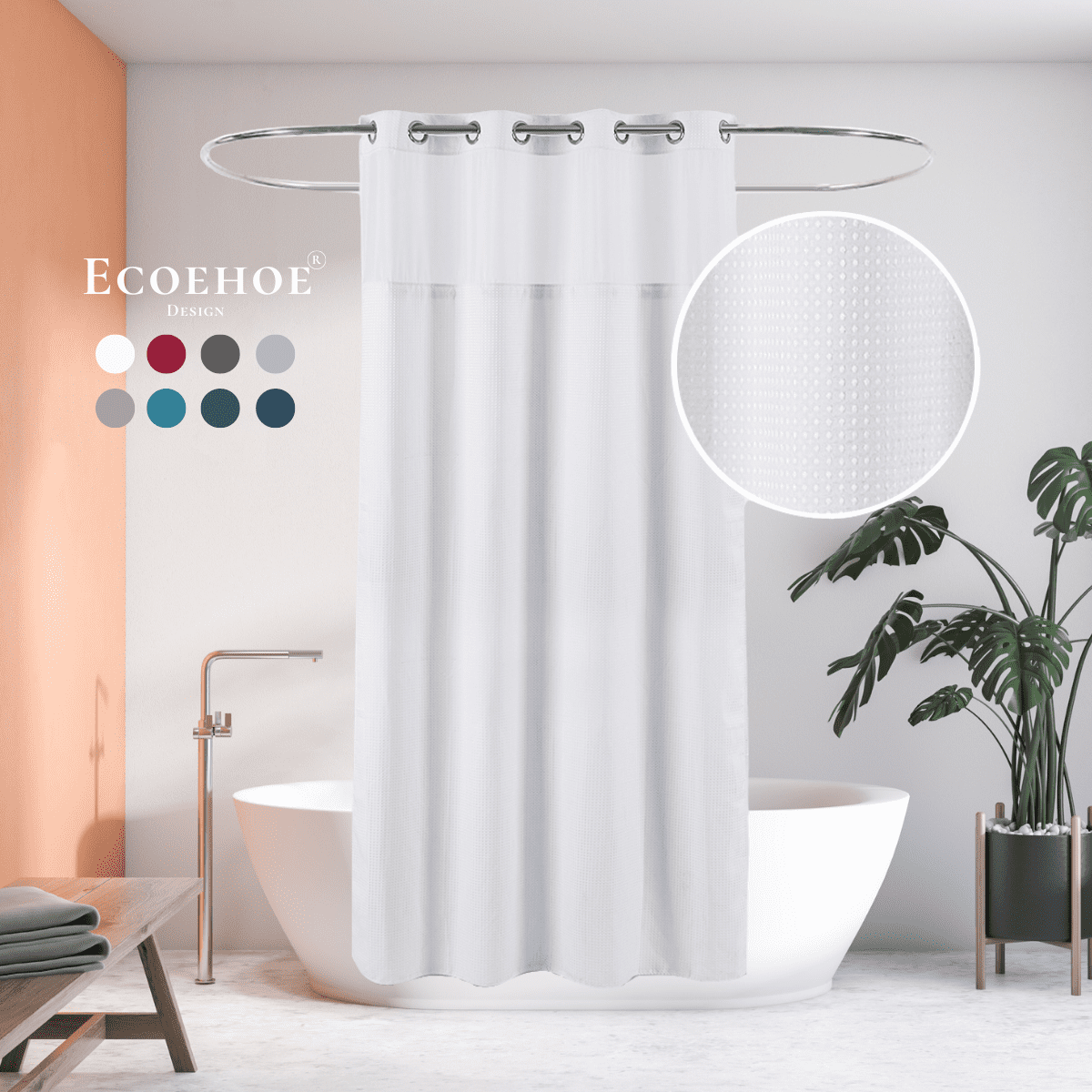 Ecoehoe Hotel Grade Waffle Fabric Hook Free Shower Curtain with