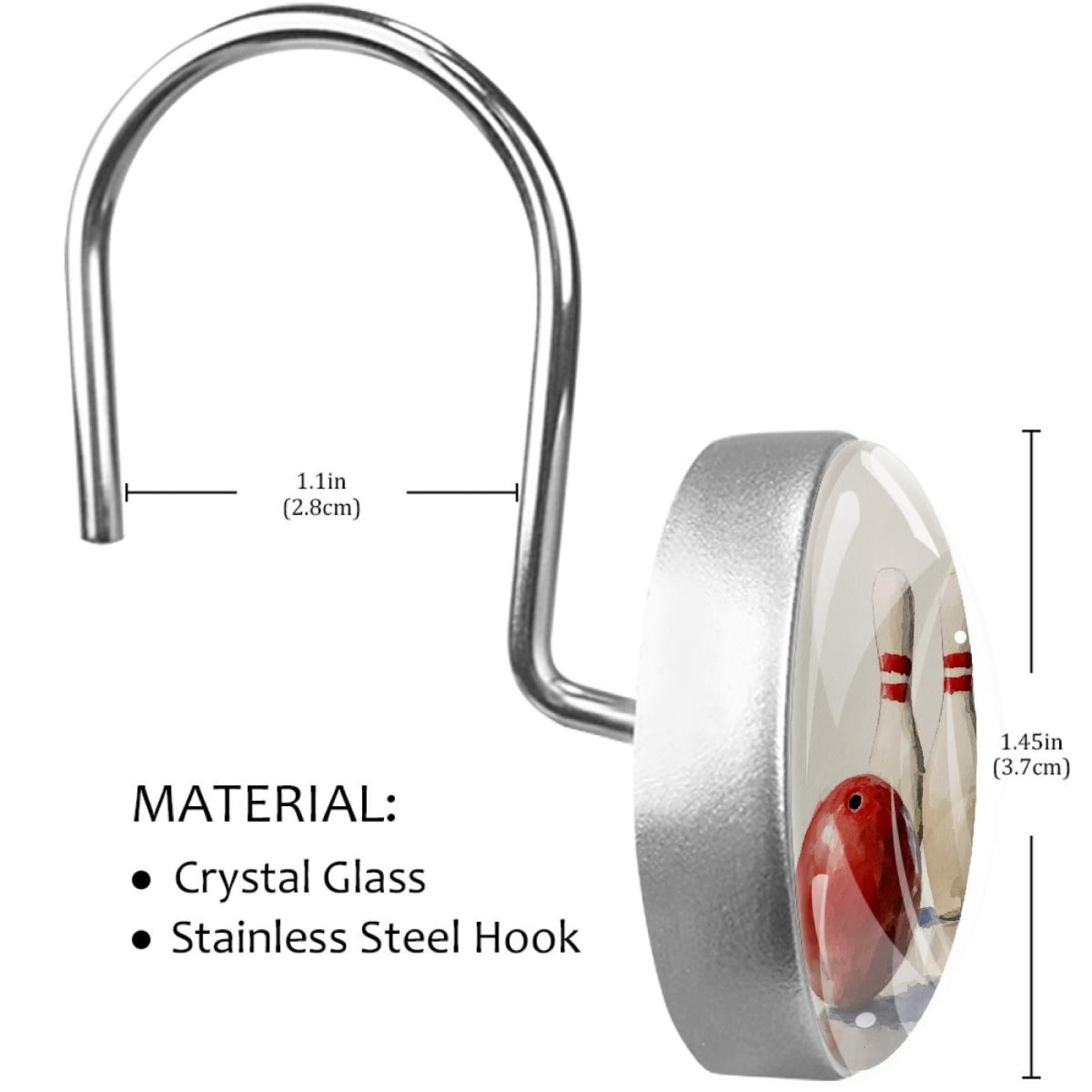 Watercolor Bowling Pins and Ball Shower Curtain Hooks Round Crystal Glass, Set of 12 Shower Curtain Rings - Shower Hooks for Curtain Shower Rings