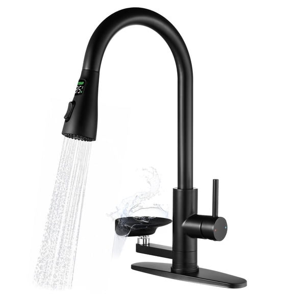 3-in-1 Kitchen Faucet with LED Temperature Display, High-Arc Pull-Down Sprayer, Press-Type Glass Rinser, 3 Spray Modes, Matte Black Finish, Deck-Mount for Modern Kitchen Sink