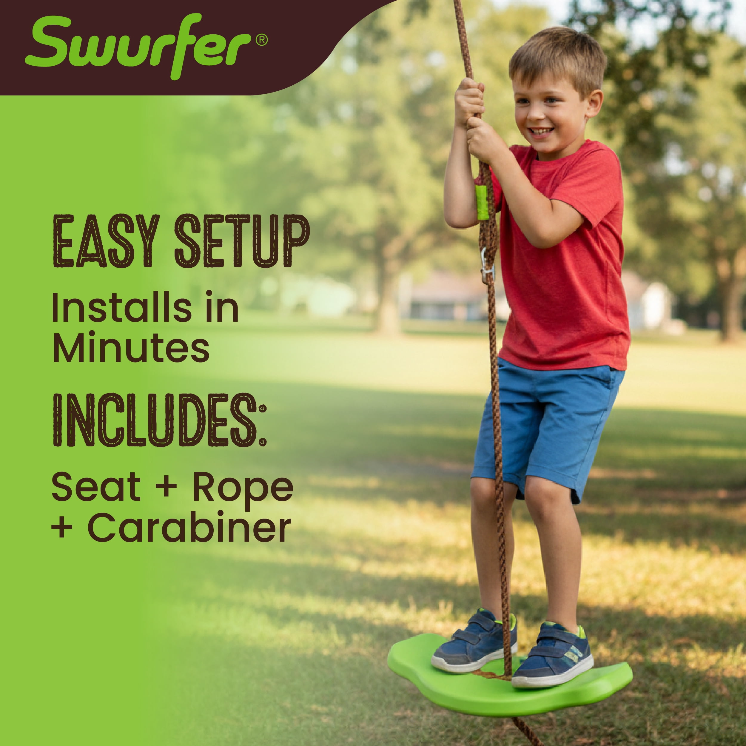 Swurfer Tree Swing Sets for Backyard - Outdoor Swing Seat for Kids, Swingset Outdoor Playset, Easy Installation, Durable, Heavy Duty Braided Rope, Weatherproof, Up to 150 lbs, Ages 4+, Green/Brown