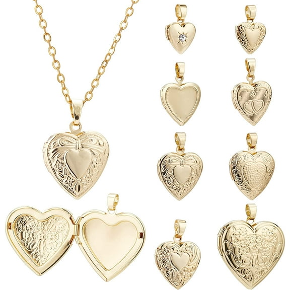 1box 8Pcs 8 Style Golden oto Heart Frame Pendants 18K Gold Plated Locket Pendants for DIY Necklaces Jewelry Making 1box