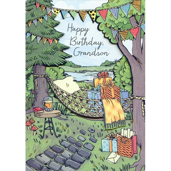 Designer Greetings 3D Tip On Hammock with Die Cut Window Between Trees Z-Fold Hand Decorated Grandson Birthday Card