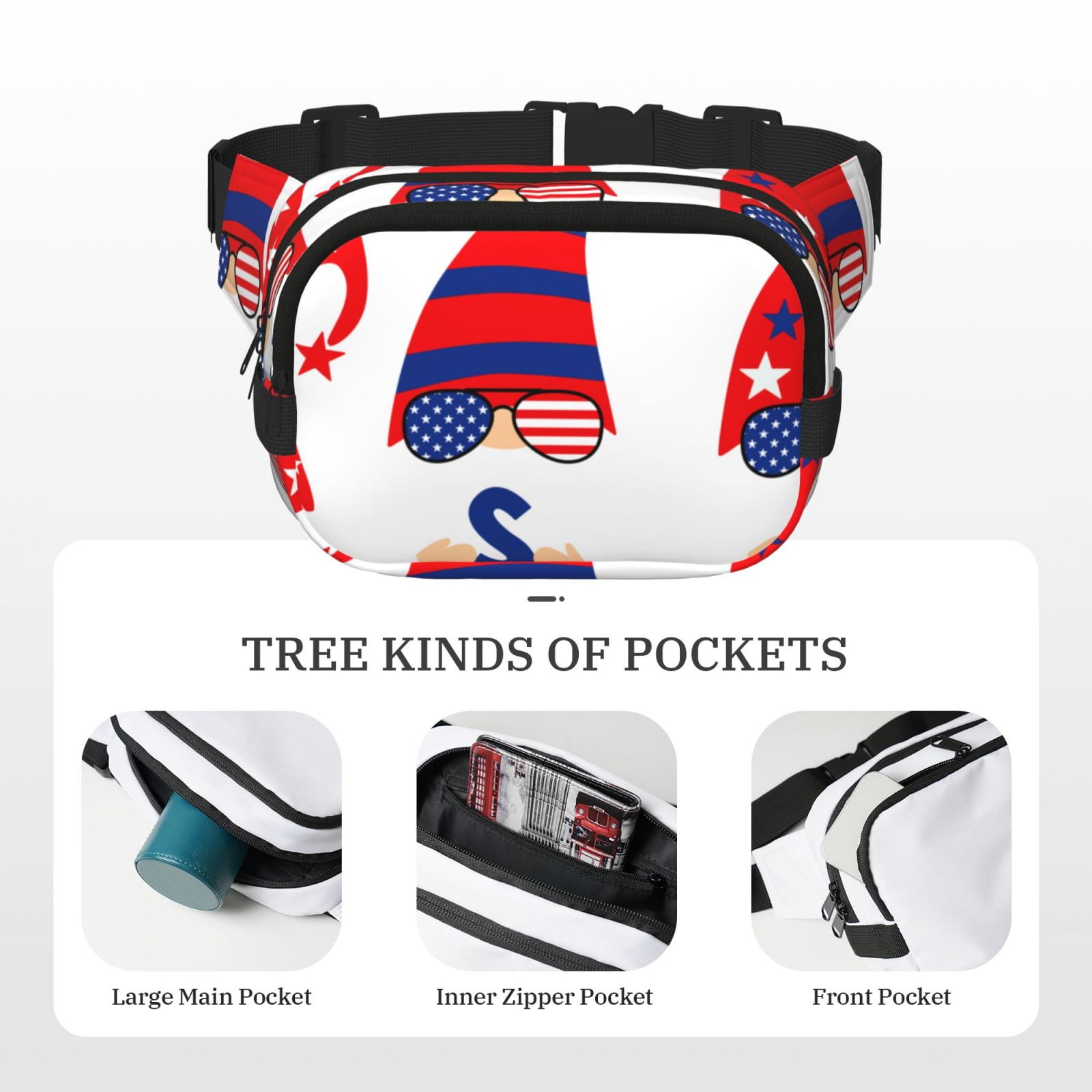 Picia 4th of July Gnomes Print Square Double-Layer Waist Bag Mini Adjustable Waist Belt Bag Exercise Running Travel Hiking