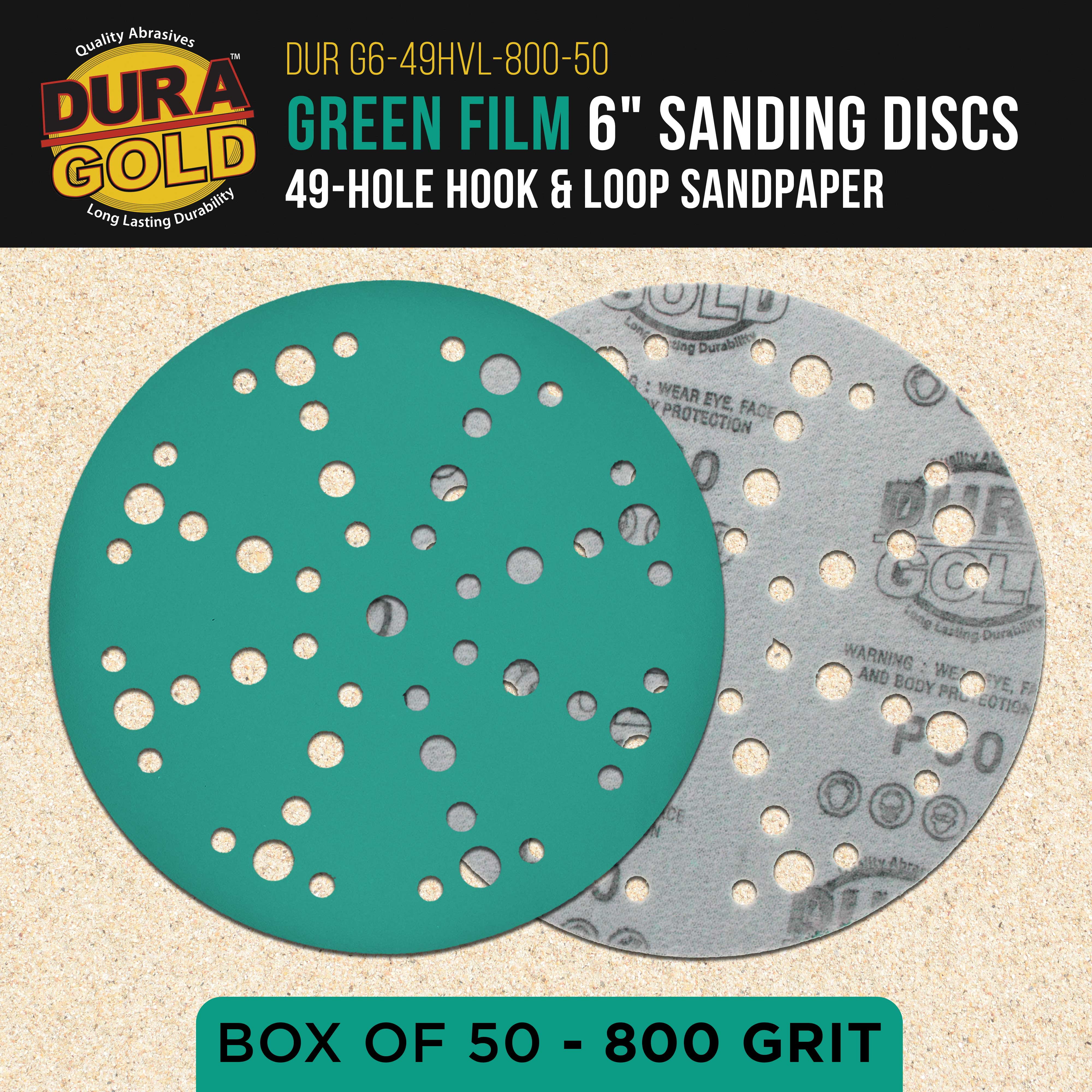 Dura-Gold Premium 800 Grit 6" Green Film Sanding Discs, 49-Hole Pattern, Box of 50 - Heavy-Duty Dustless Hook & Loop Backing Sandpaper for DA & Random Orbital Sanders, Sand Auto Paint, Wood Furniture