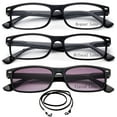 thumbnail image 1 of 3 Pack Light Compact Squared Fashion Reading Glasses Spring Hinges with Lanyard +2.75, Black Frame with Regular Lens, Bifocal Lens & Smoke Reader Lens, 1 of 2