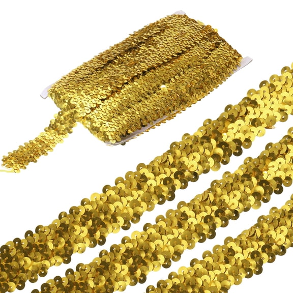 Uxcell 5 Yards 1.2 Inch Elastic Sequins Trim 3 Row Flat Sequin Strip Paillette Fabric Ribbon for Crafts DIY Fringe Sewing Costume Dress, Yellow Gold