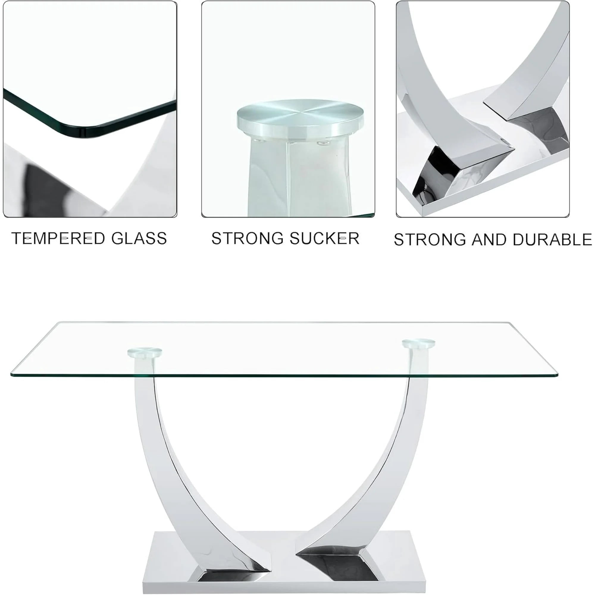 SUDICA Dining Table Set 63 Inch Rectangular Glass Top Silver Metal U Base 7 Piece Dining Room