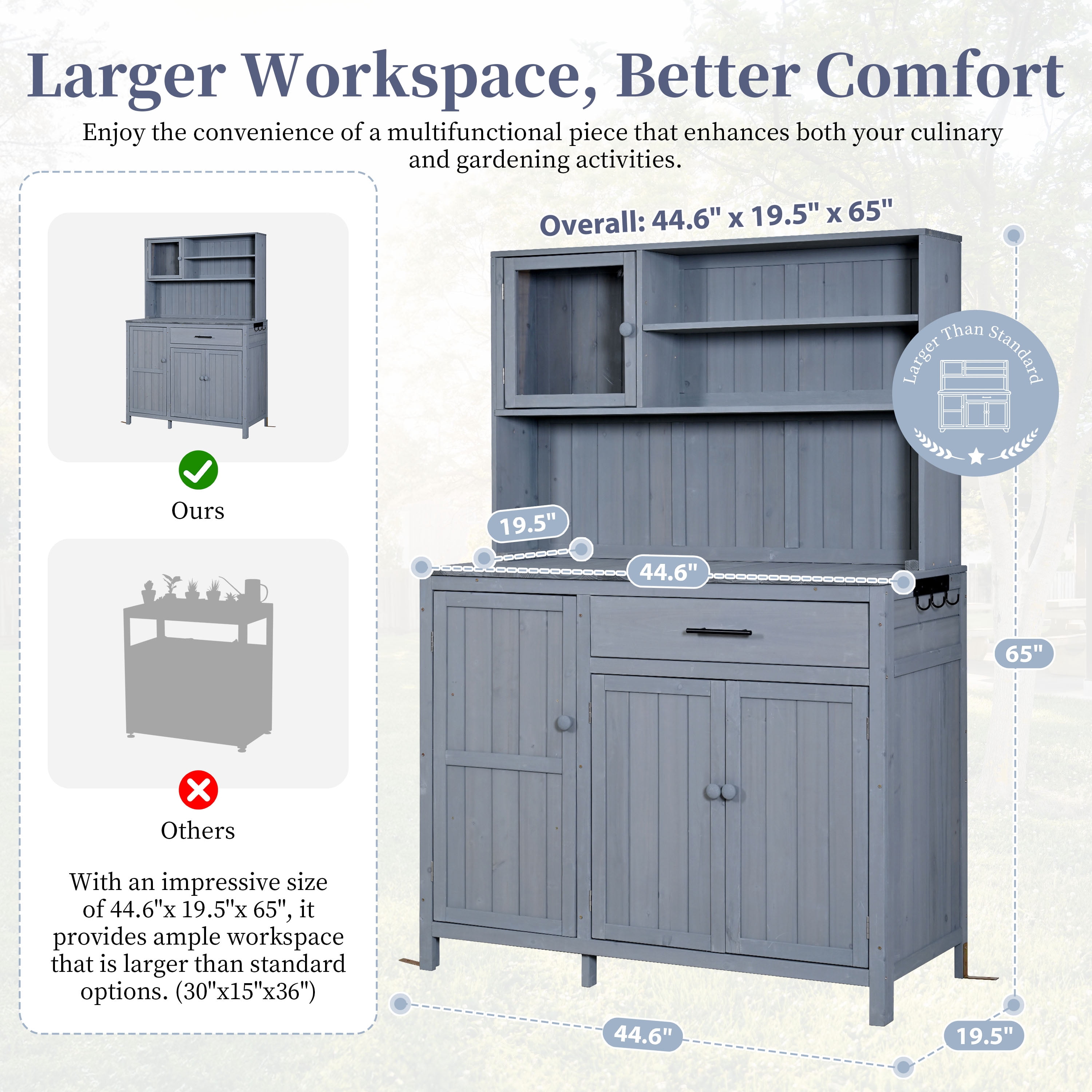 Potting Bench With Hutch, 65 Inch H Solid Fir Wood Outdoor Garden Workstation, Gray