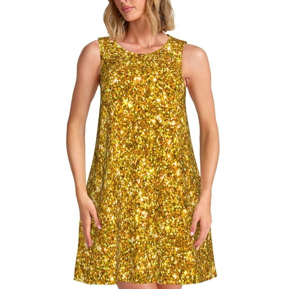 Picia Gold Glitter Print Women’s Sleeveless Midi Swing Dress – A-Line Pleated Tank Sundress, Comfortable and Flowy T-Shirt Dress