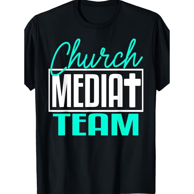 Men's Church Media Team T-Shirt - Black with Turquoise Lettering Religious