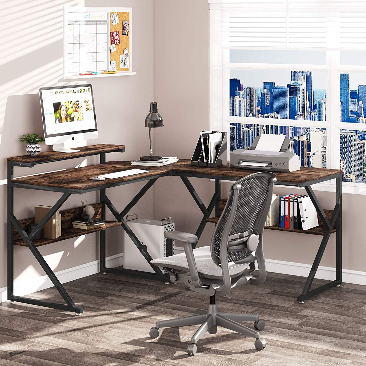 Tribesigns L Shaped Desk with Storage Shelves, 55 inch Corner Computer Desk with Monitor Stand, Large Study Writing L Desk for Home Office, Rustic Brown