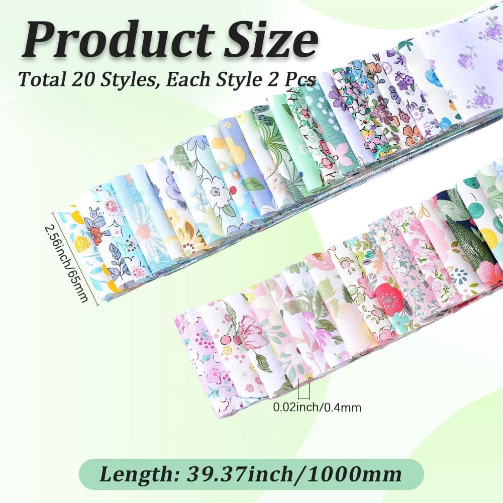 40Pcs Cotton Floral Jelly Roll Fabric 39 x 2.6in Cotton Quilting Bundle Precut Patchwork Spring Summer Flower Quilting Strip Chinoiserie Fabric for Blanket Rug Uolstery Home Decor Crafts 1set