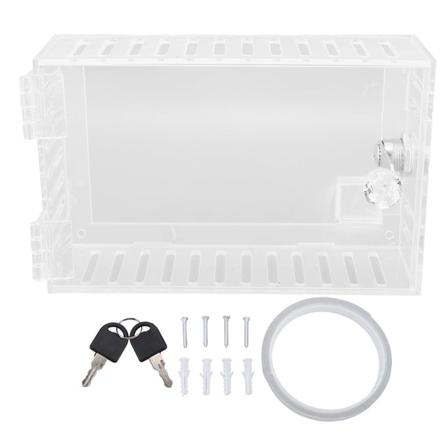 caja de protección de termostato transparente universal con cerradura de acrílico para una instalación segura, duradera y con llave, ideal para uso en el hogar, la escuela y la oficina Caja frontal rectangular centrada en acrílico transparente con cerradura de cilindro y pomo visible; incluye dos llaves, tornillos, taquetes y junta de silicona, ranuras de ventilación y orificios para montaje de pared; también suele usarse para proteger controles de pared en aulas u oficinas donde se requiere acceso con llave.