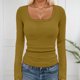 thumbnail image 1 of MHFRRA Camiseta Básica de Punto Acanalado para Mujer, Cuello Cuadrado, Manga Larga, Moda de Otoño, Informal, Elástica, Cómoda, para Niñas y Adolescentes Oro, 1 of 4