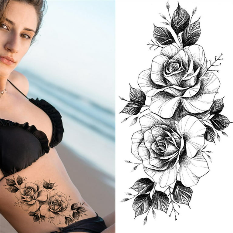 QISIWOLE 3D Flowers Temporary Tattoos for Women, Fake Tattoos Body Art Arm  Sketch Tattoo Stickers for Women and Girls Deals 