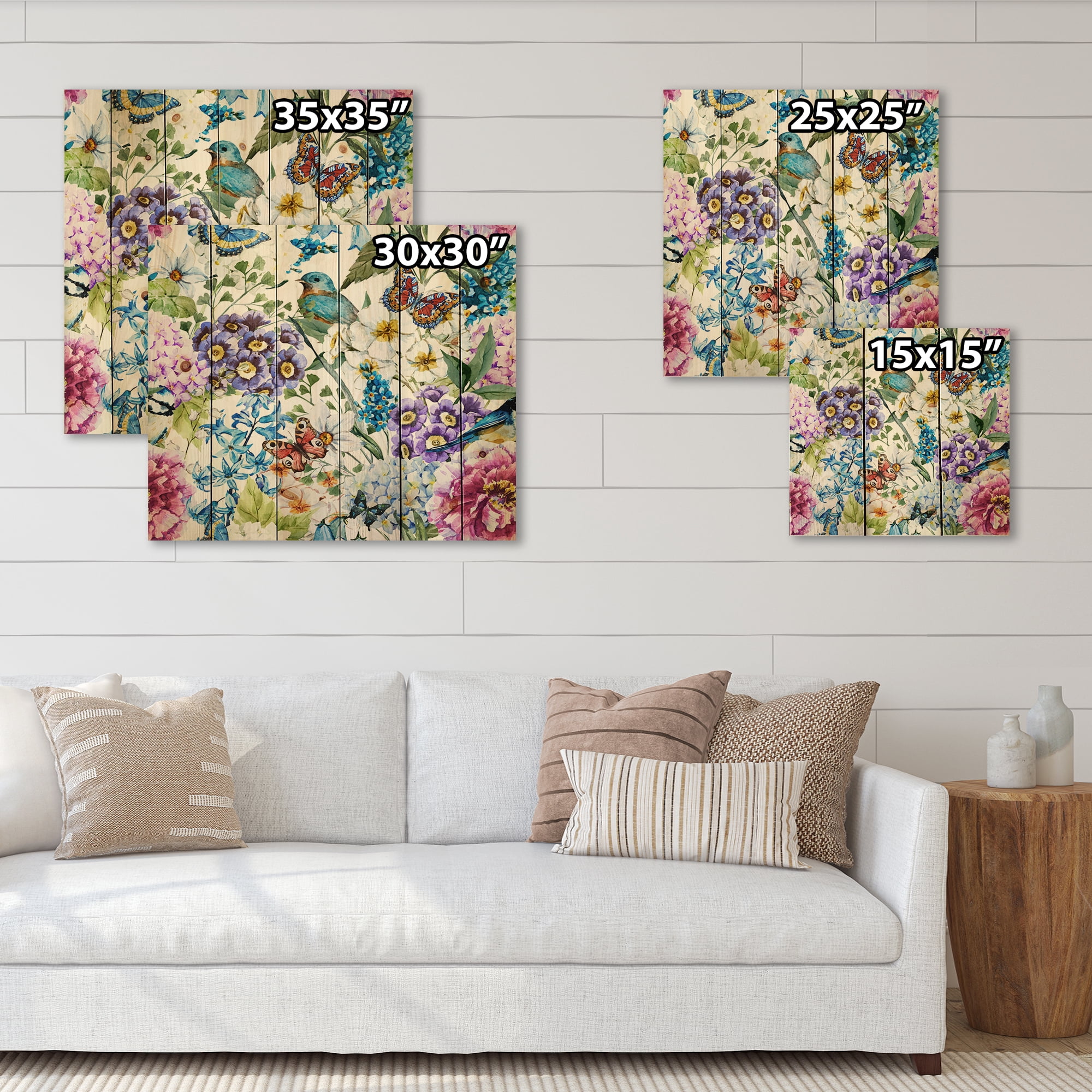 Designart 'Wildflowers and Vibrant Wild Spring Leaves XII' Modern Print on Natural Pine Wood
