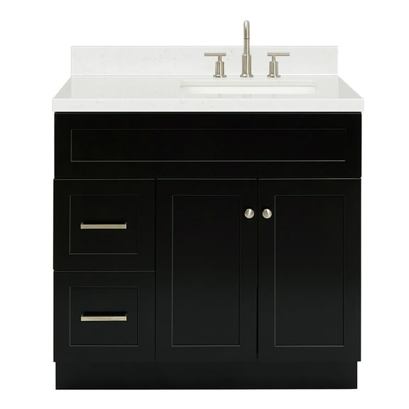 ARIEL Hamlet 36" Black Bathroom Vanity, 1.5" Edge Carrara Quartz Countertop & Splash, Right Rectangular Sink, 2 Soft-Closing Doors, 2 Full Extension Drawers, Built in Toe Kick, Brushed Nickel