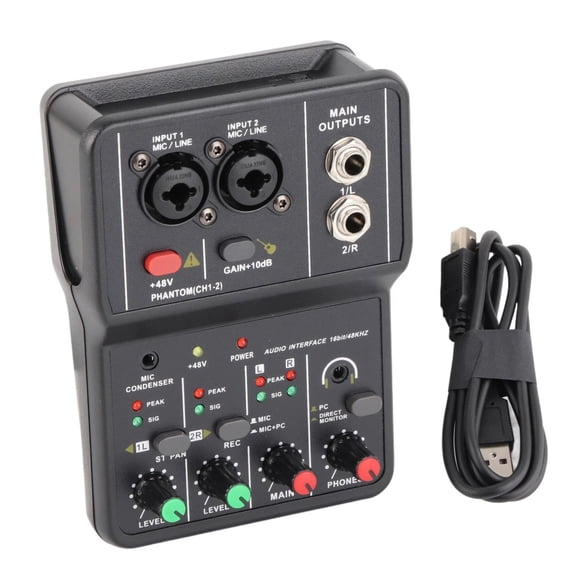 JIAHAOO Portable USB Audio Mixing Console 2 Channel Sound Card 16 Bit 48kHz with 48V Power for Recording
