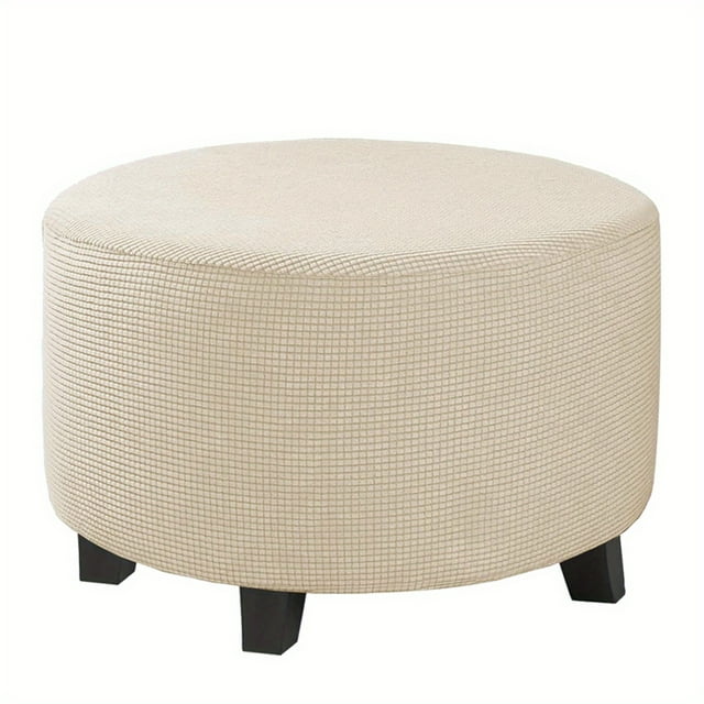 CNKOO 1pc contemporary round ottoman slipcover for footstools, crafted from a stretchable polyester and spandex blend with a textured beige design. Features include a non-slip grip, elastic band closure, and machine washable material. Suitable for small-sized ottomans with a 180-200gsm weight.