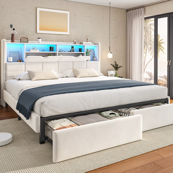 melmine Upholstered Bed Frames for King Size Bed Frame with 2 Drawers & 2-Tier Storage Headboard & Charge Station & LED Light & Metal Slats,Noise Free,Beige