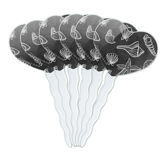 Seashells Chalkboard Style Heart Love Cupcake Picks Toppers Decoration Set of 6