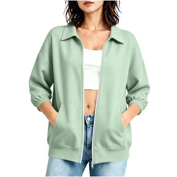 Enjoytime Sweatshirt for Women Collared 3/4 Sleeve Solid Color Zip Up Jacket Fall Fashion Casual Lightweight Sweatshirts