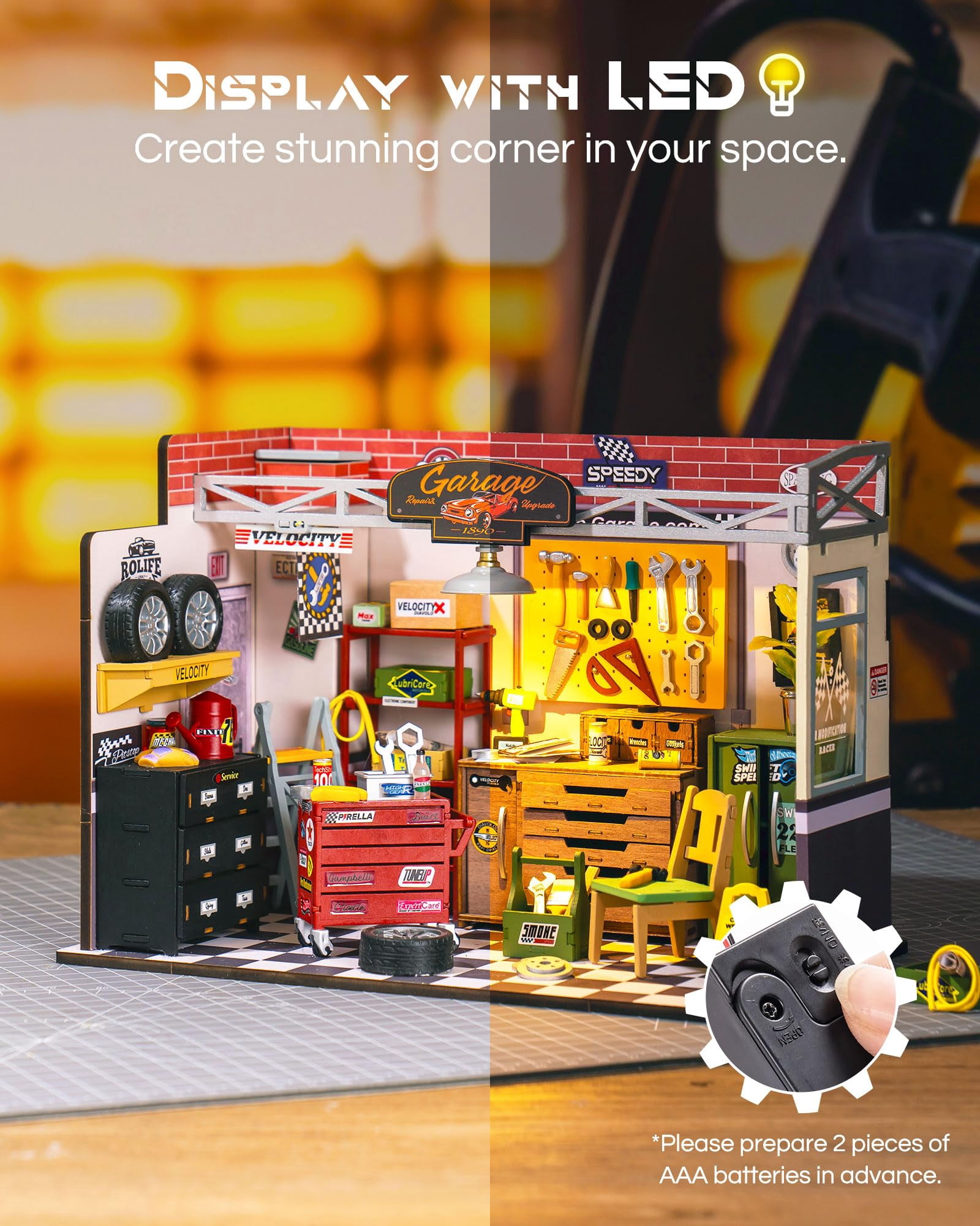 ROBOTIME Garage Workshop DIY Miniature House Kit,Wooden Dollhouse Model Building Sets,Tiny House Craft Kits with LED Gifts for Teens Adults