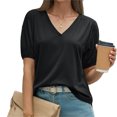 thumbnail image 4 of Summer Short Sleeve Women V Neck Solid Puff Sleeve T Shirt, 4 of 6