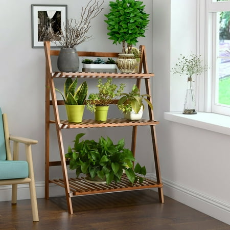 3 Tier Folding Shelf Stand Bamboo Flower Pot Display Rack Bookcase Organizer Walmart Canada