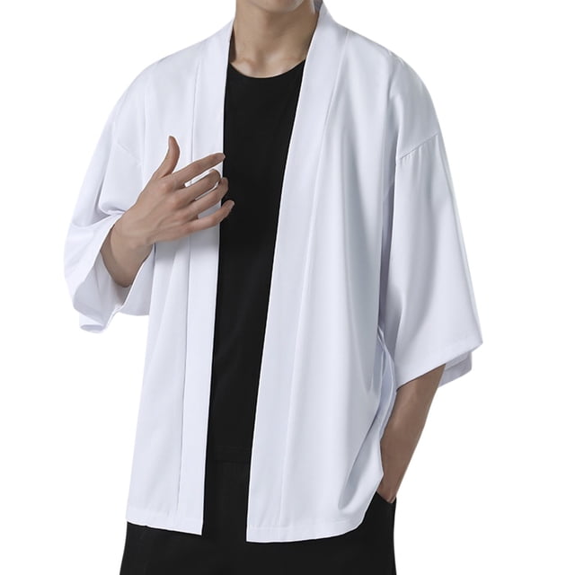 Cárdigan de manga media estilo kimono de verano para hombre: hombros descubiertos, corte holgado, poliéster, elegante para uso informal, playa y diario.